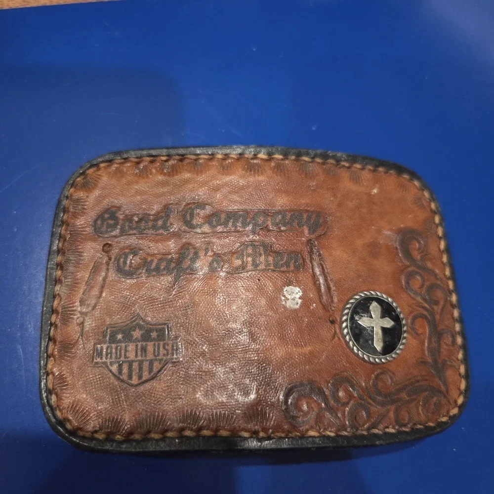 Brad Company Craft's Den Tooled Leather Belt Buckle with Cross Concho USA